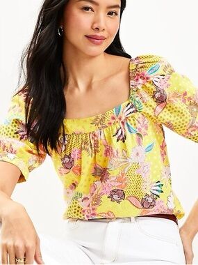 LOFT Yellow Floral Patchwork Puff-Sleeve Women’s Top Square Neck
